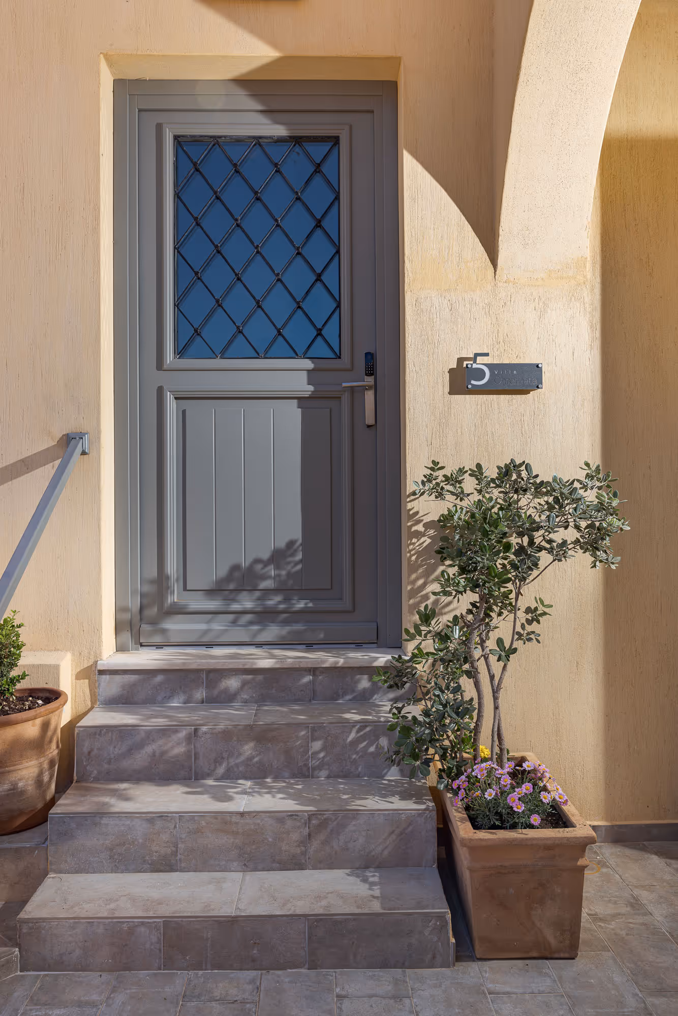 Gray door with diamond-patterned glass at top of tiled stairs with potted plants on each side.